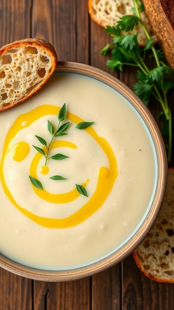 A creamy cauliflower vegan soup garnished with herbs in a rustic bowl, accompanied by a slice of bread on a wooden table.